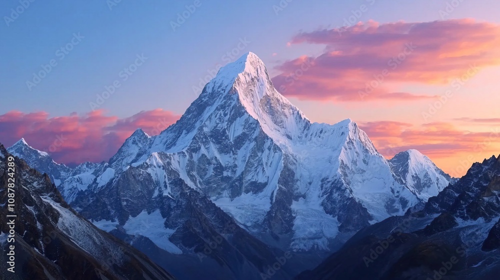 Obraz premium Scenic himalayas covered in snow concept. Majestic Mountain Range Under Fiery Sunrise Sky