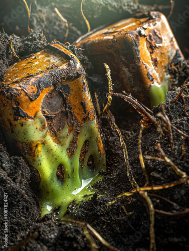 Corroded batteries in soil leaking hazardous green chemicals. photo