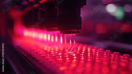 Automated vials filling machine in red light.