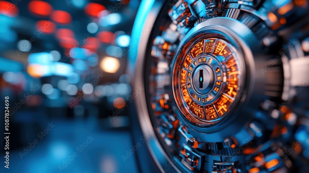 A high-tech vault door with intricate glowing orange elements, symbolizing advanced security and modern technology, good for finance-related themes. A high-tech vault door with intricate glowing orange elements, symbolizing advanced security and modern technology, good for finance-related themes.