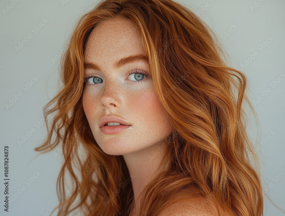 A portrait of an attractive woman with wavy, ginger hair in loose waves, posing for a beauty photoshoot against a plain background. A portrait of an attractive woman with wavy, ginger hair in loose waves, posing for a beauty photoshoot against a plain background.
