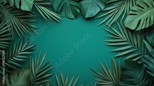 Tropical green leaves background concept. Lush Green Leaves on Gradient Background