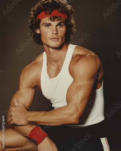 Portrait of a muscular man with a red headband and white tank top, embodying vintage 1980s fitness aesthetics. photo