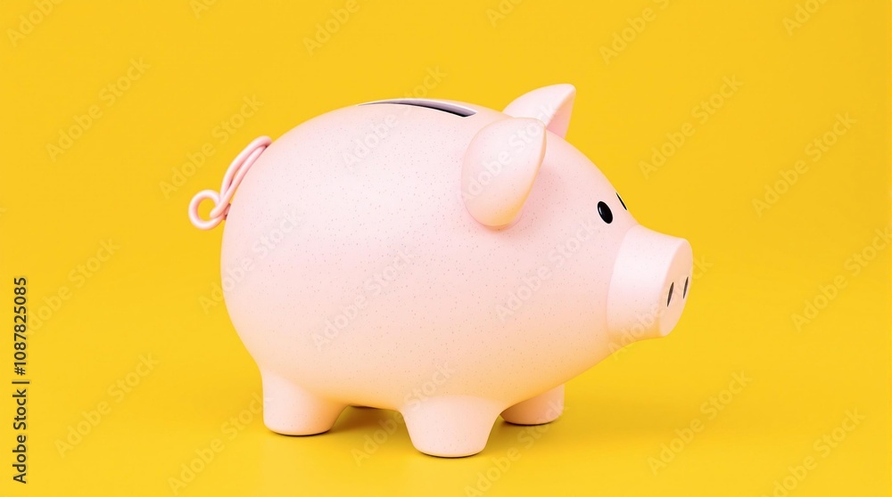 A piggy bank shaped like a pink piggy on a yellow background A piggy bank shaped like a pink piggy on a yellow background