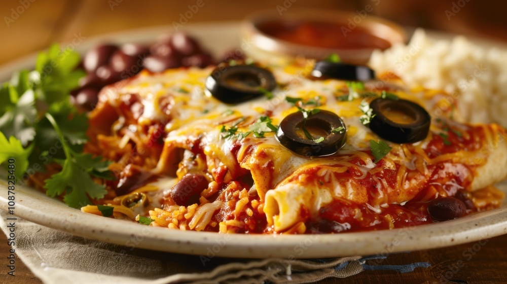 A tempting plate of chicken enchiladas topped with melted cheese, enchilada sauce A tempting plate of chicken enchiladas topped with melted cheese, enchilada sauce