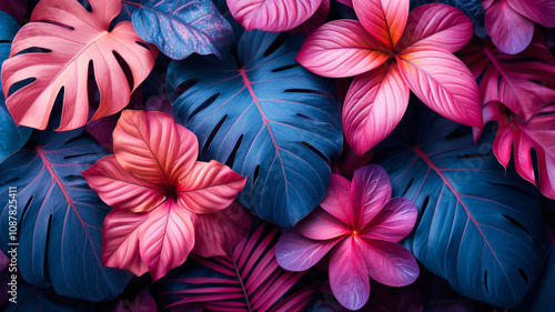 Vivid Tropical Leaves and Pink Flowers Design 