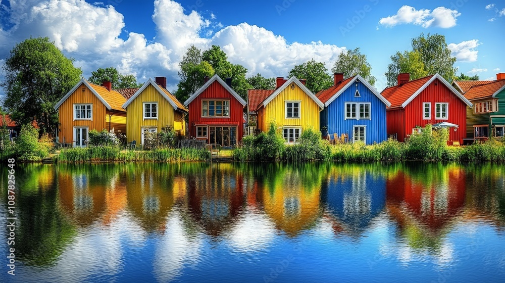 Fototapeta premium Colorful riverside houses reflected on the water under clear skies in a peaceful town