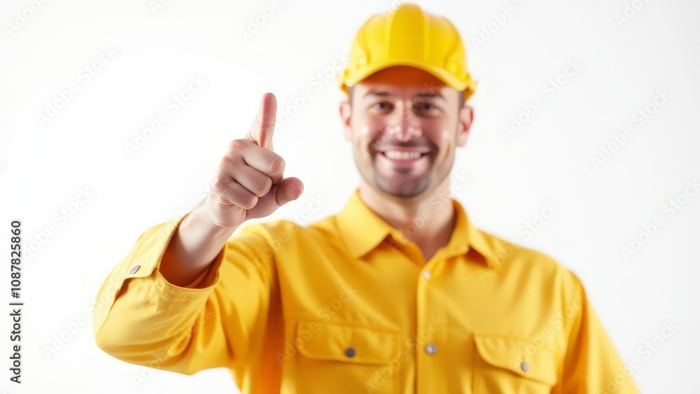 A master in a yellow uniform points with his finger on a white background. A master in a yellow uniform points with his finger on a white background.