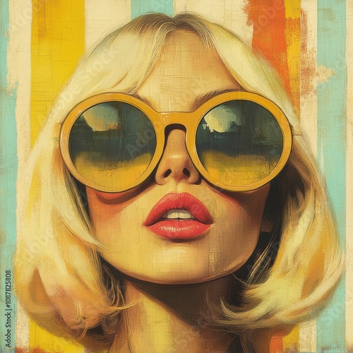 Illustration of a vintage fashionable woman wearing sunglasses on colorful background, exuding beauty and vibrant retro style.