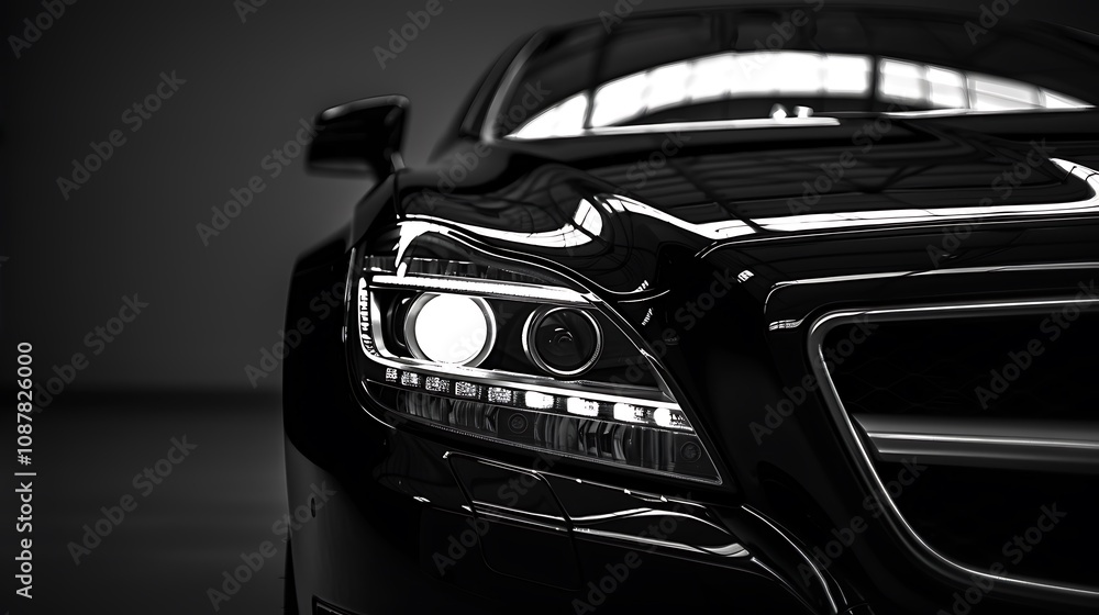 A close-up of a sleek black car showcasing its headlight design and glossy finish. A close-up of a sleek black car showcasing its headlight design and glossy finish.
