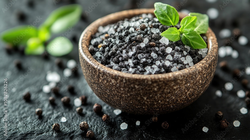 Bowl of black and white salt with herbs. Bowl of black and white salt with herbs.