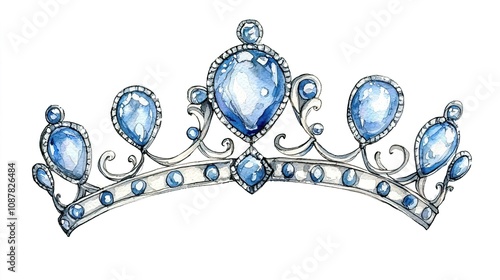 Ethereal painting watercolor background concept. Delicate Illustration of a Blue Gem Tiara