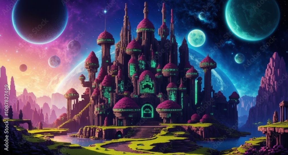 Obraz premium World of aliens in pixel art style illustration