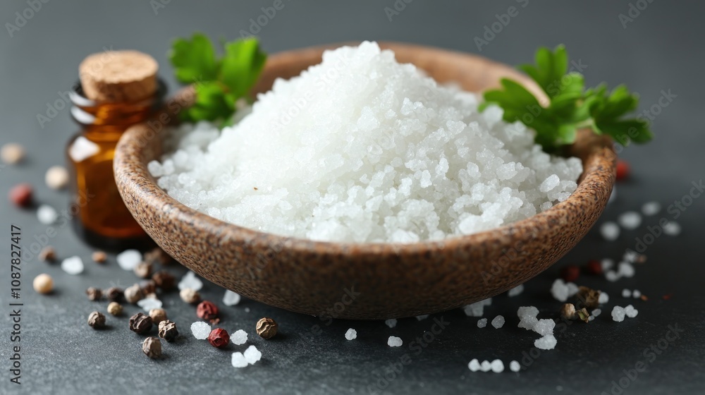 Bowl of salt with herbs and spices for cooking. Bowl of salt with herbs and spices for cooking.