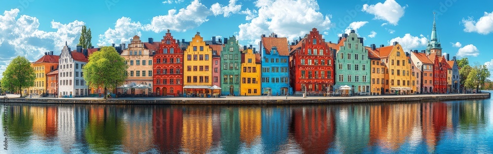 Naklejka premium Colorful riverside houses reflected on the water under clear skies in a peaceful town