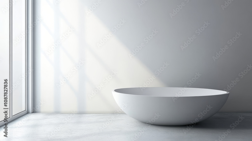 Minimalist white oval bathtub in bright, serene bathroom Minimalist white oval bathtub in bright, serene bathroom