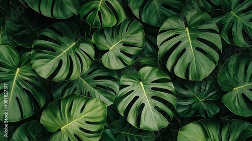 Tropical green leaves monstera background concept. Lush Tropical Monstera Leaves from Above