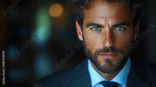 Intense Portrait of a Handsome Man in a Suit with Striking Blue Eyes, Capturing Confidence and Charisma in a Professional Setting