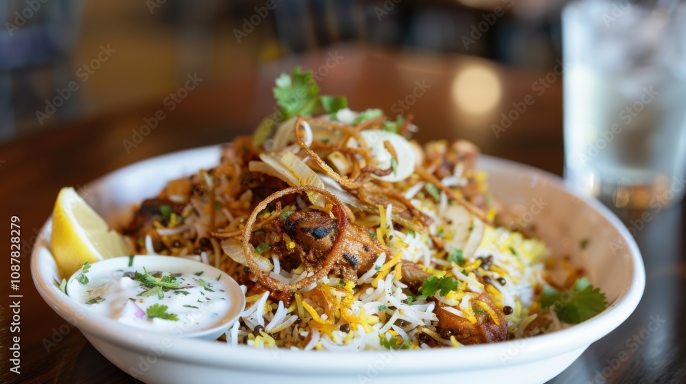 A tempting plate of Indian biryani, fragrant basmati rice cooked with spices A tempting plate of Indian biryani, fragrant basmati rice cooked with spices