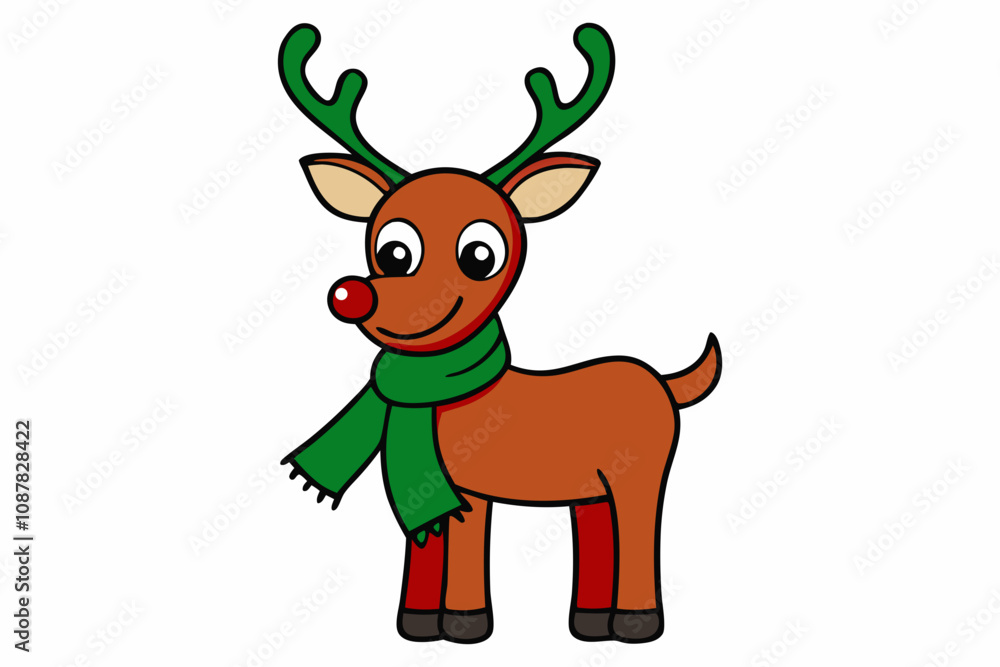 Illustration of a happy cartoon Christmas Reindeer Rudolph with scarf. Vector character.on white Illustration of a happy cartoon Christmas Reindeer Rudolph with scarf. Vector character.on white