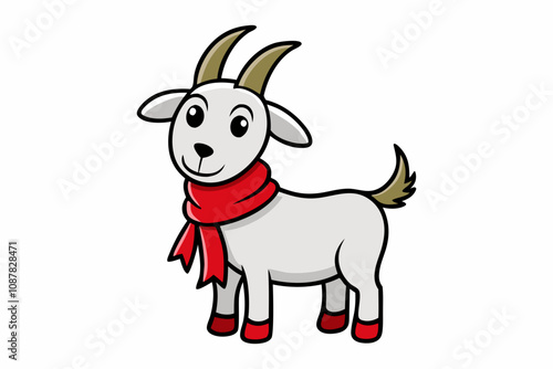 cute christmas goat vector icon isolated on white background, farm animal happy goat in red scarf, cartoon character, flat style.editable icon 