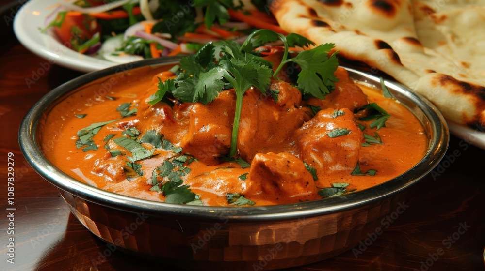 A tempting plate of Indian chicken tikka masala, grilled marinated chicken in a creamy tomato sauce A tempting plate of Indian chicken tikka masala, grilled marinated chicken in a creamy tomato sauce