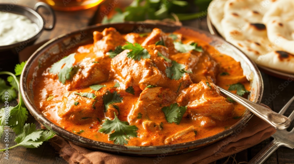 A tempting plate of Indian chicken tikka masala, tender chicken in a creamy tomato sauce with aromatic spices