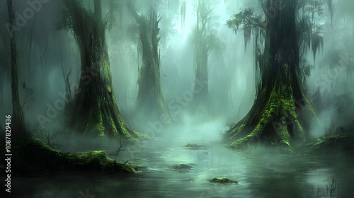 A Dramatic Gloomy Swamp Enveloped in Mist with Towering Moss-Covered Tree Trunks and Stagnant Waters