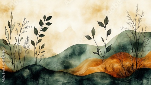 Abstract landscape with stylized plants and earthy colors, evoking tranquility and nature.