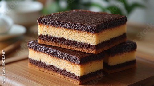 Sepotong kue sponge coklat lezat disajikan di atas meja kayu, tutup  photo