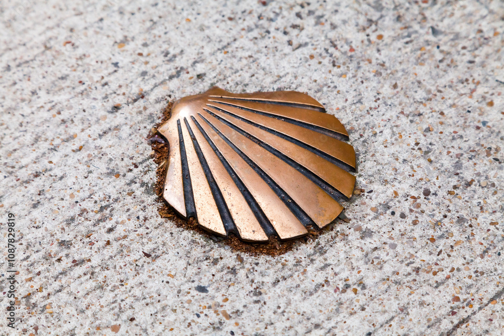 A bronze shell embedded in a textured stone pathway at a historic pilgrimage site A bronze shell embedded in a textured stone pathway at a historic pilgrimage site