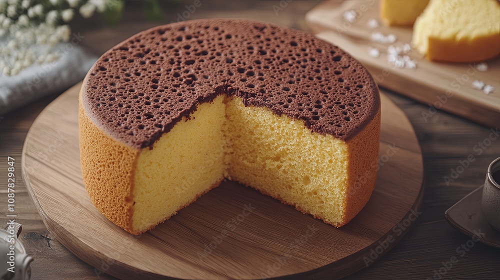 Sepotong kue sponge coklat lezat disajikan di atas meja kayu, tutup Sepotong kue sponge coklat lezat disajikan di atas meja kayu, tutup