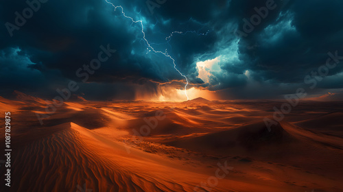 A Dramatic Visual of a Stormy Desert Landscape with Lightning Striking Across the Sky