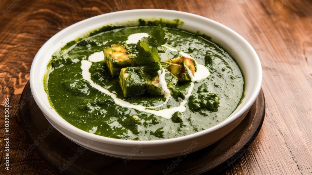 A tempting plate of Indian palak paneer, creamy spinach curry with paneer cheese A tempting plate of Indian palak paneer, creamy spinach curry with paneer cheese