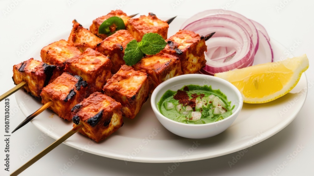 A tempting plate of Indian paneer tikka, marinated and grilled cottage cheese skewers served with mint chutney and lemon wedges A tempting plate of Indian paneer tikka, marinated and grilled cottage cheese skewers served with mint chutney and lemon wedges