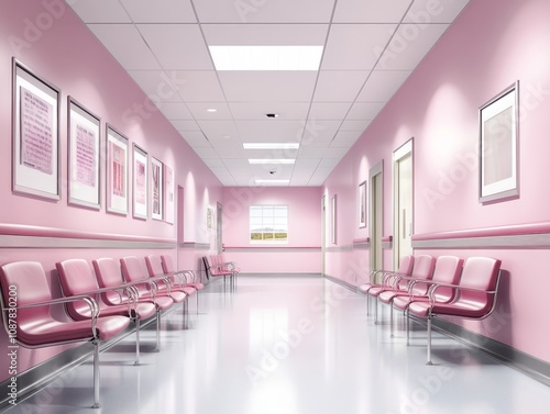 Pink Hospital Corridor Waiting Area With Chairs