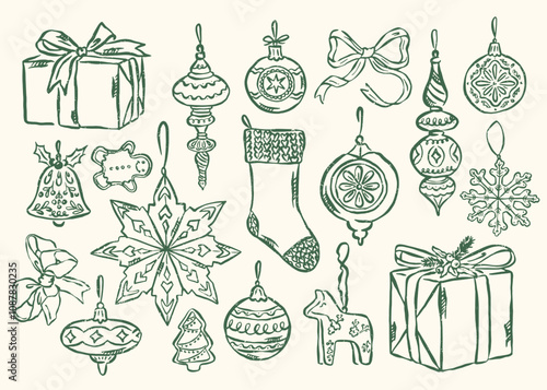 Minimal Christmas vector illustration collection. Art for greeting cards, wedding invitations, poster design, postcards, branding, logo design, background. Matisse style doodles.
