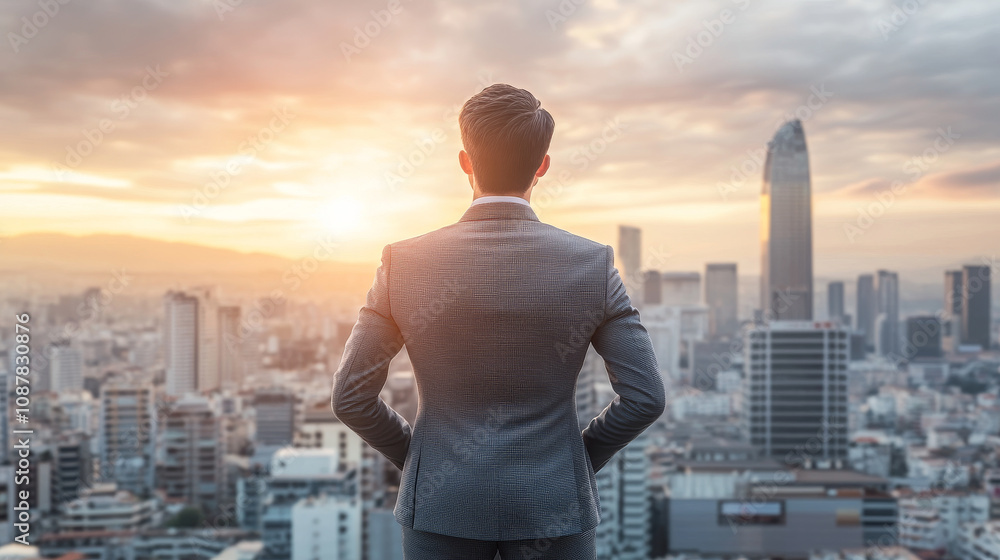 man in suit overlooks city skyline at sunset, symbolizing ambition man in suit overlooks city skyline at sunset, symbolizing ambition