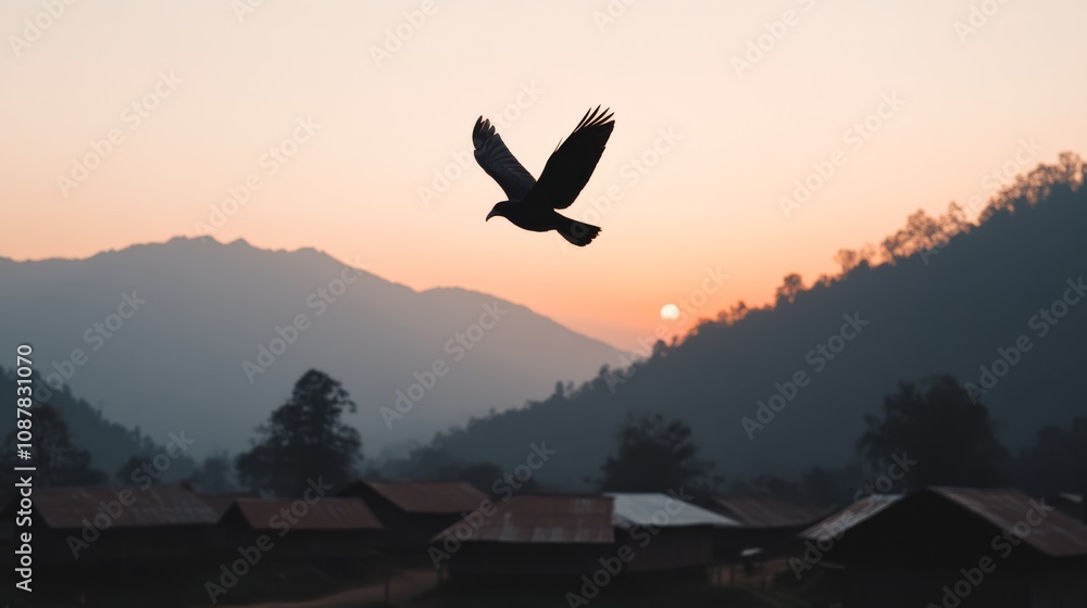 Hornbill bird flying over the Hornbill Festival, symbolizing wellbeing and happiness. Hornbill bird flying over the Hornbill Festival, symbolizing wellbeing and happiness.