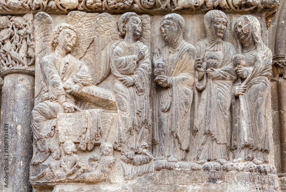 Relief sculpture depicting biblical scenes at an ancient church in Europe during the Middle Ages Relief sculpture depicting biblical scenes at an ancient church in Europe during the Middle Ages