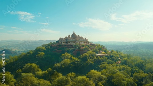 A majestic view of Chamundi Temple perched atop a hill, surrounded by lush greenery and a clear blue sky.