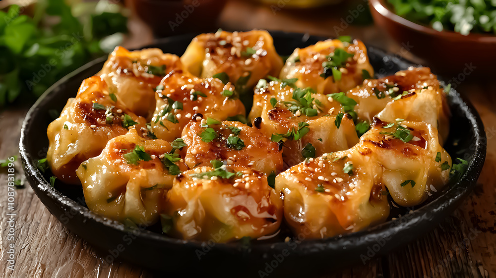 Golden-brown dumplings drizzled with savory sauce and garnished with herbs. Dim sum, appetizer, comfort food, bite-sized delicacy Golden-brown dumplings drizzled with savory sauce and garnished with herbs. Dim sum, appetizer, comfort food, bite-sized delicacy