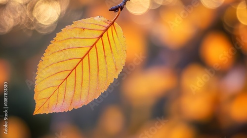 Close-up of a yellow autumn leaf. A bright orange tree changes with a blurred bokeh background. Golden colors in the park on a light, sunny, and warm October day. photo