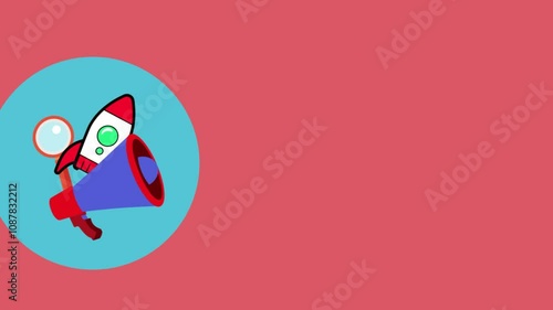 Red rocket blue megaphone magnifying glass reside within blue circle on coral.