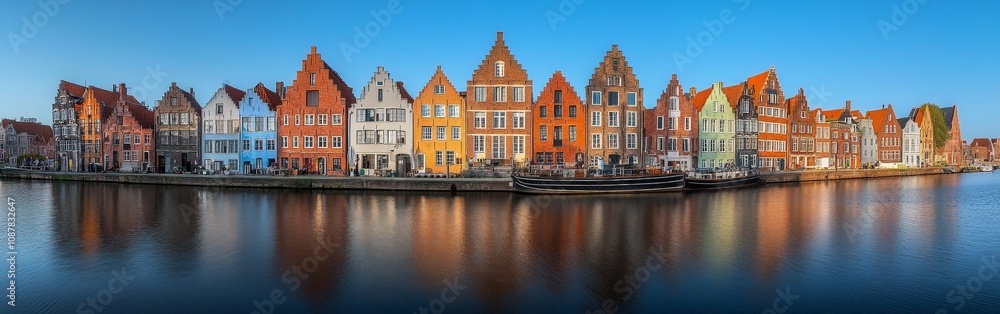 Fototapeta premium Colorful riverside houses reflected on the water under clear skies in a peaceful town