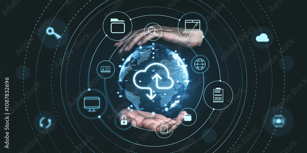 Fototapeta premium Hands surrounding digital cloud icons on a dark background, symbolizing online data storage and management, futuristic style