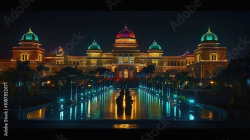 A nighttime shot of Vidhana Soudha with colorful lights illuminating its structure, creating a festive ambiance. photo