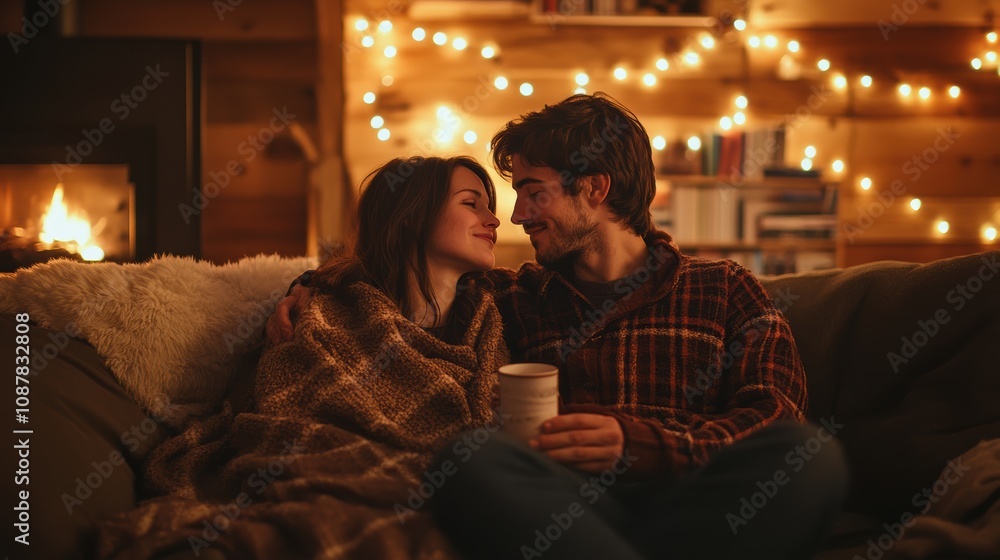 Cozy couple sitting on a sofa by a rustic fireplace, wrapped in blankets and sipping hot cocoa, surrounded by warm fairy lights and bookshelves in a cabin-style living room Cozy couple sitting on a sofa by a rustic fireplace, wrapped in blankets and sipping hot cocoa, surrounded by warm fairy lights and bookshelves in a cabin-style living room