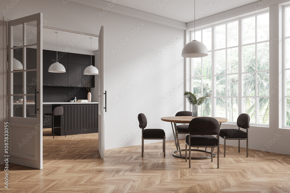 Fototapeta premium Modern dining area with large windows, connected to a stylish black kitchen with pendant lights. 3D Rendering