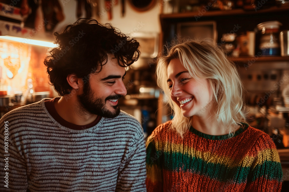 Naklejka premium Smiling couple enjoying coffee in a warm café